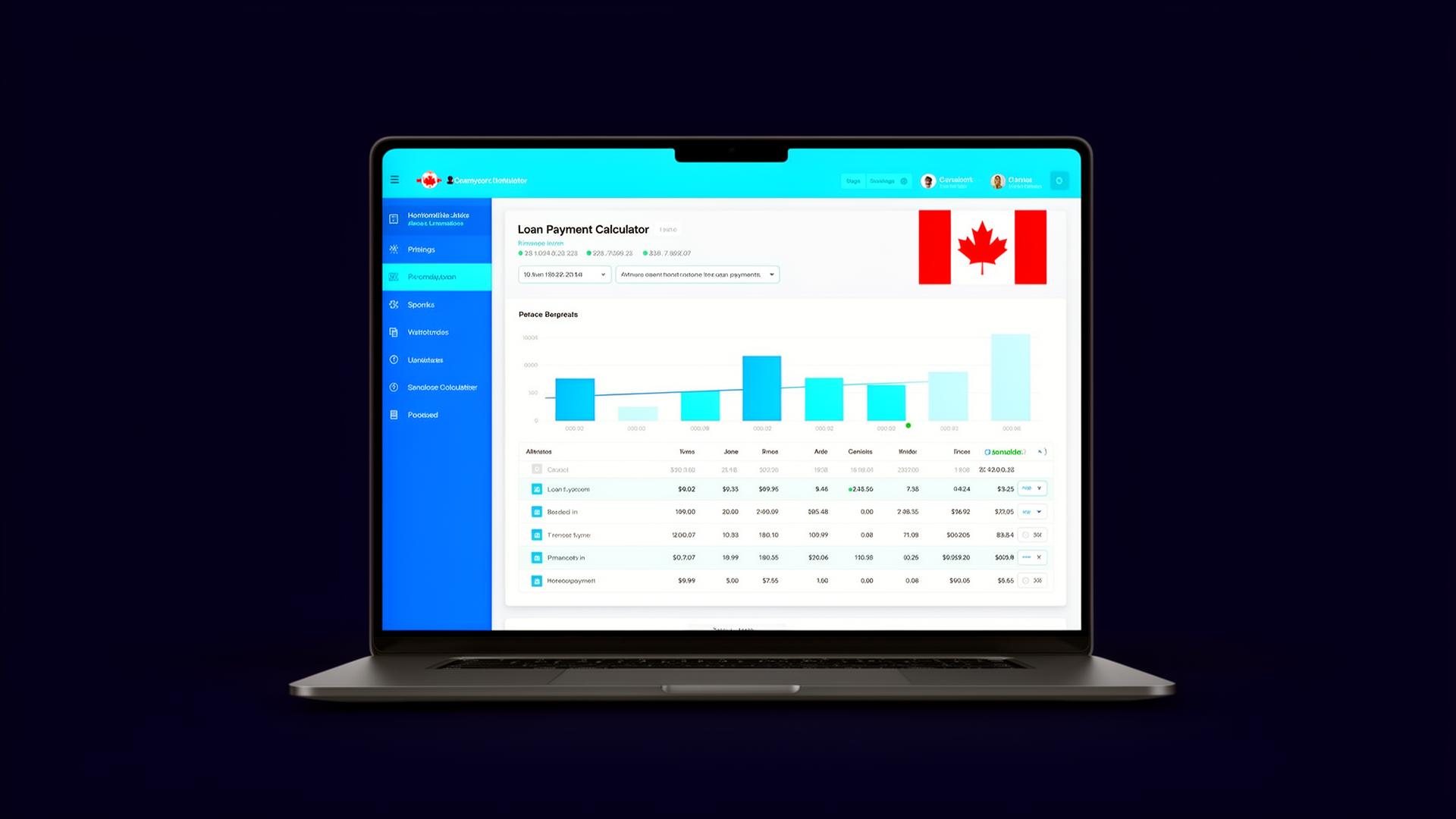 Loan payment calculator showing monthly payment breakdown and amortization schedule for Canadian borrowers